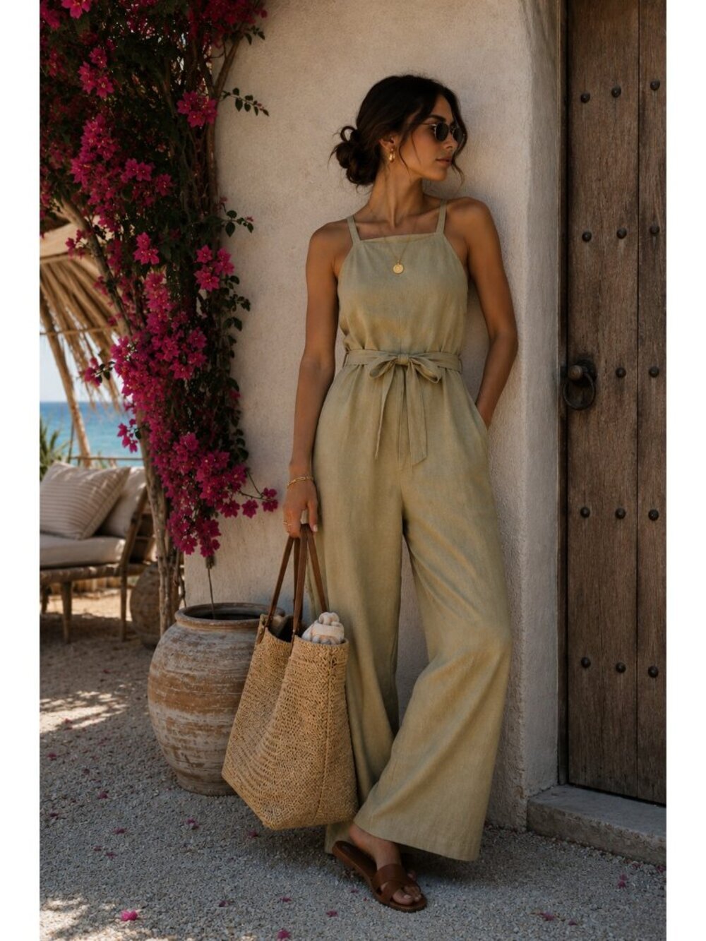 Mossimo Womens Linen Blend Jumpsuit XXL Tan Wide Leg Sleeveless Belted Casual